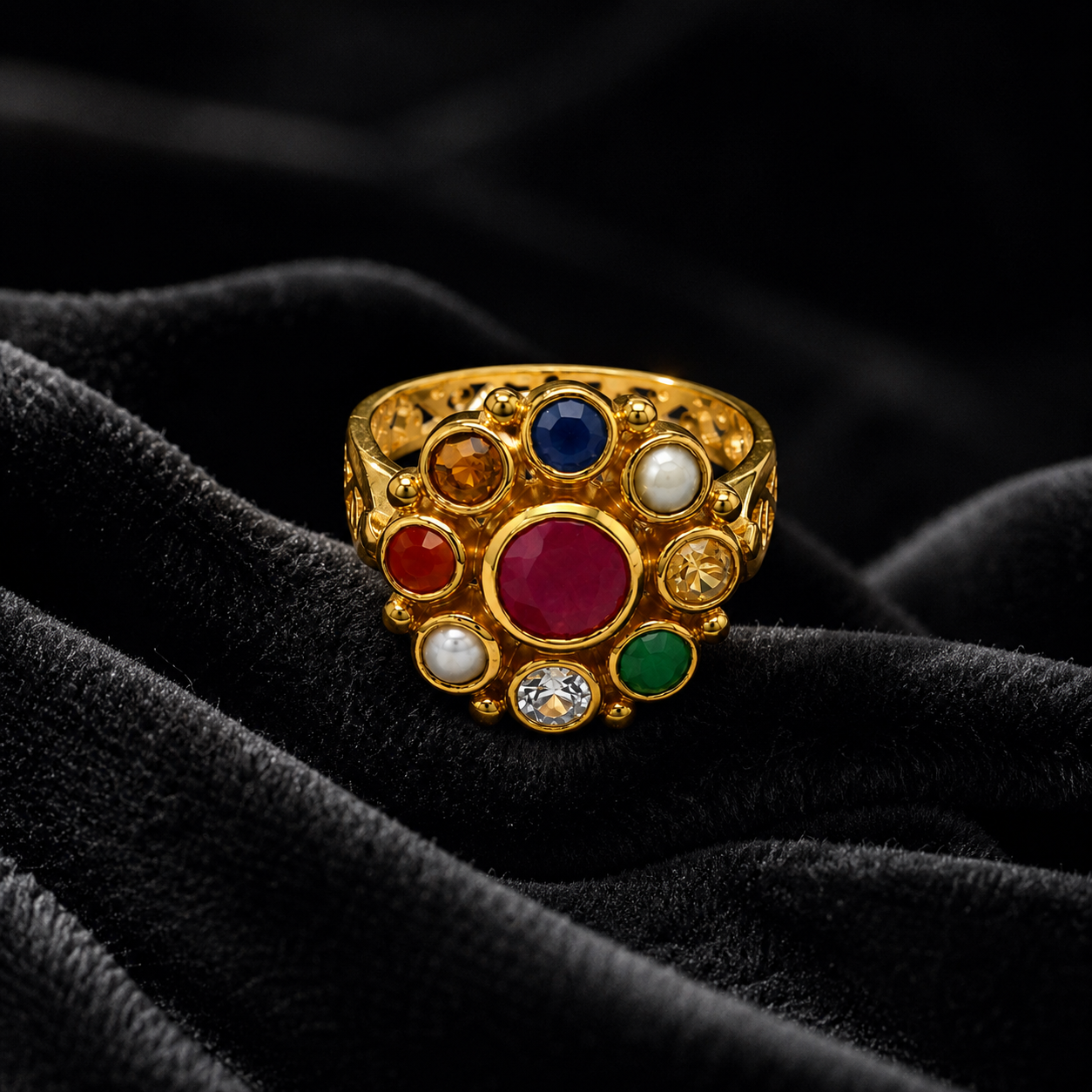 Surya Dham Navratna Ring – Radiant Gemstone Statement Ring