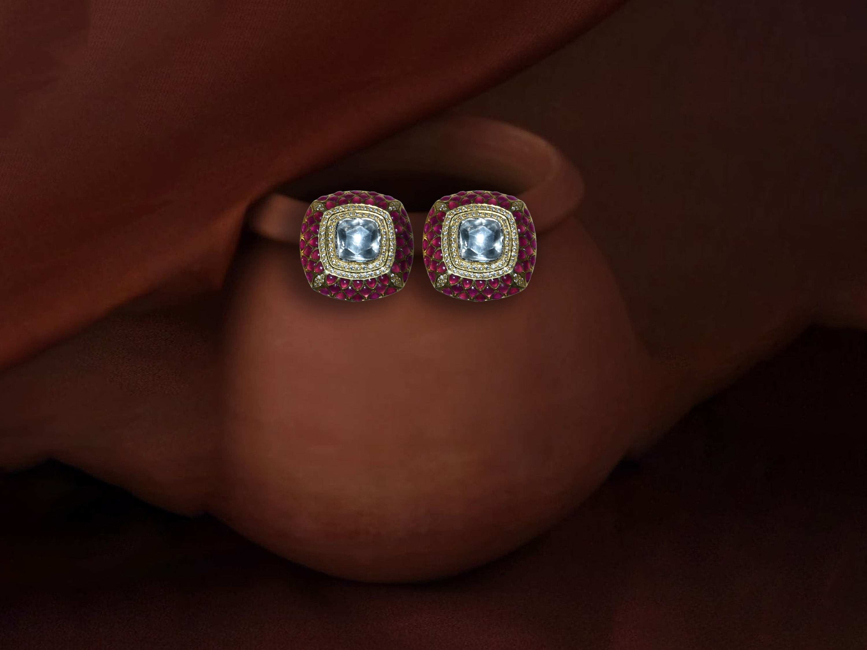 Square Ruby Polki Stud Earrings