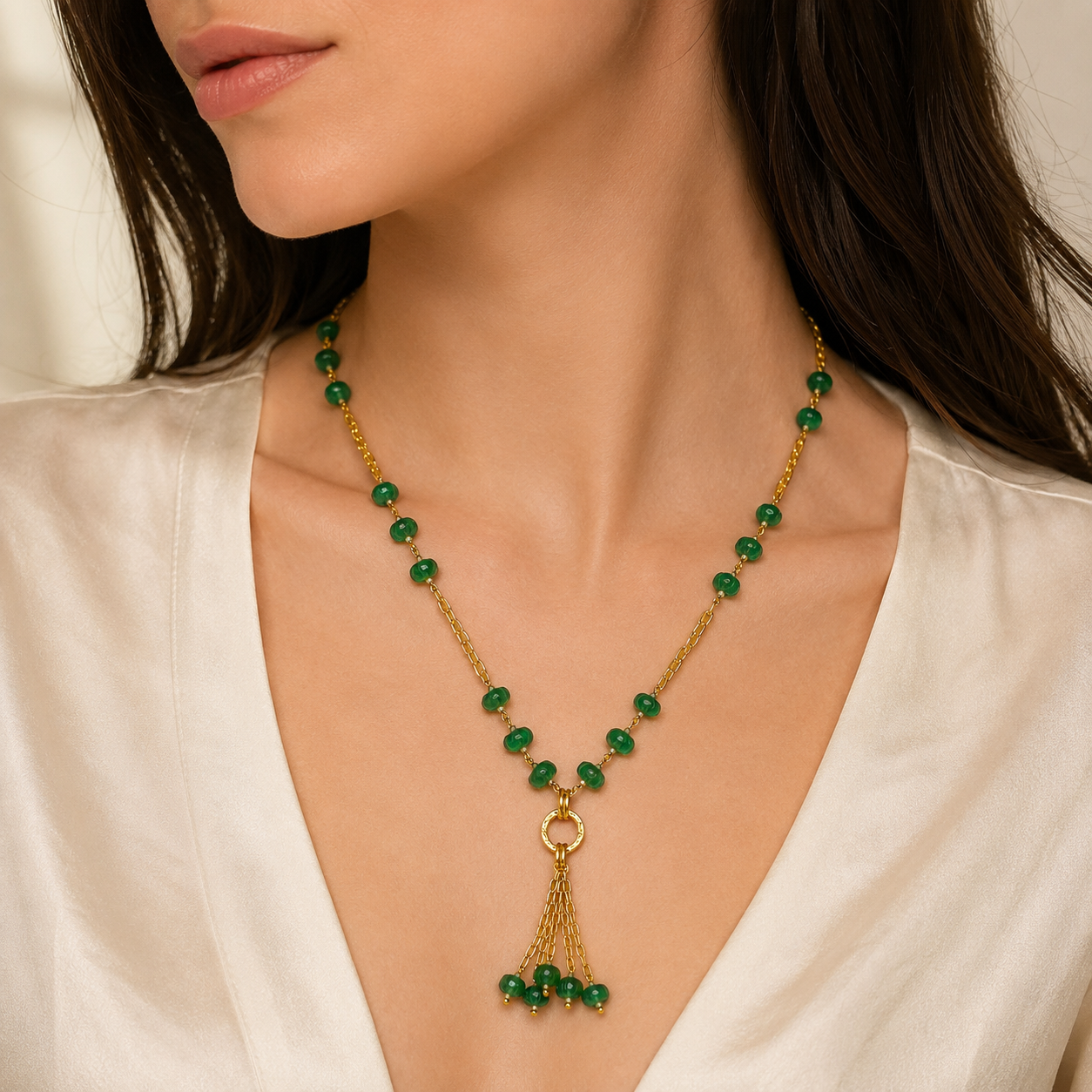 Green Beads Tassel Necklace – Italian Metal Statement Necklace