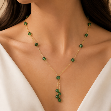 Emerald Dew Drop Beaded Necklace with Graceful Tassel Charm