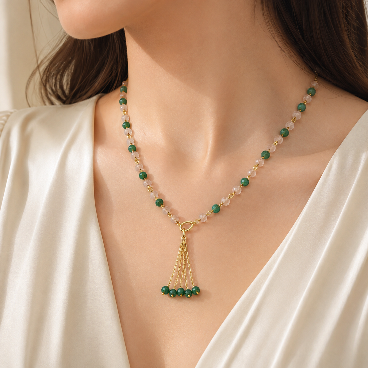 Green & Pink Strawberry Tassel Necklace