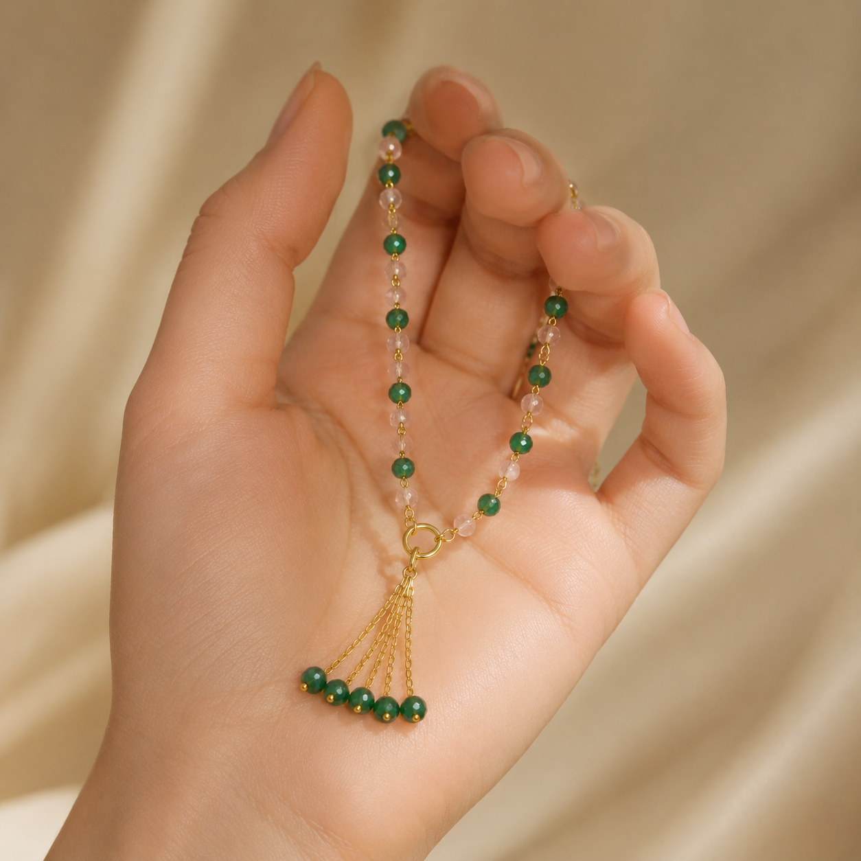 Green & Pink Strawberry Tassel Necklace