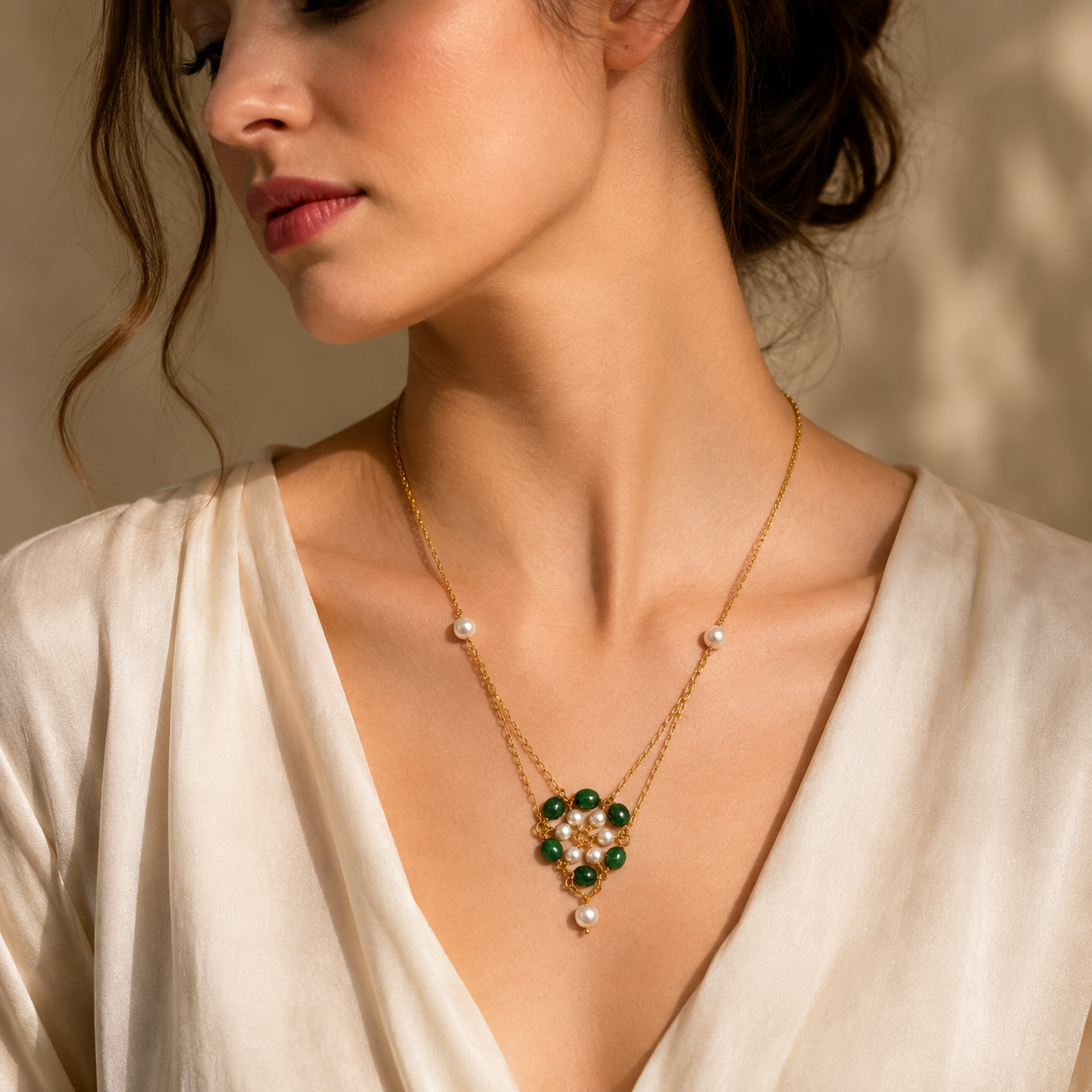 Onyx And Pearl Flower Pendant Necklace