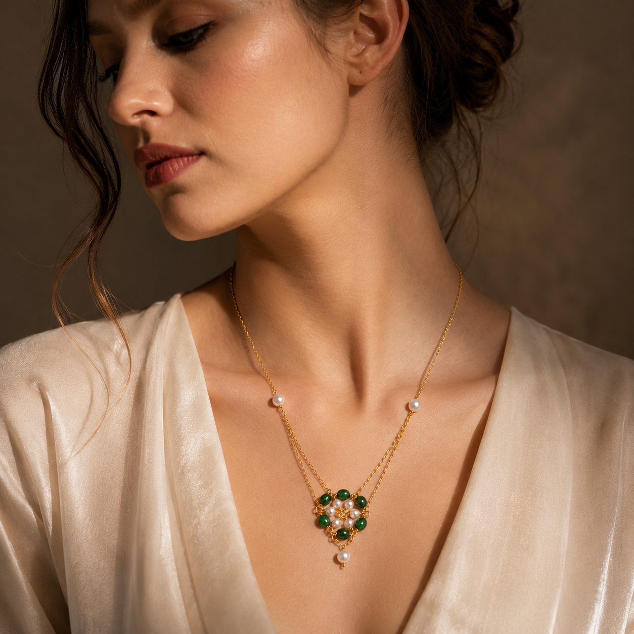 Onyx And Pearl Flower Pendant Necklace