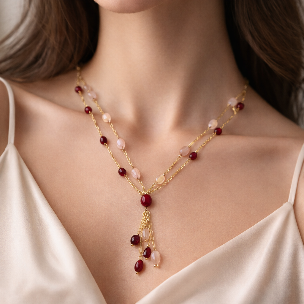 Blush & Ruby Dual-Layer Beaded Necklace with Elegant Tassel Drop
