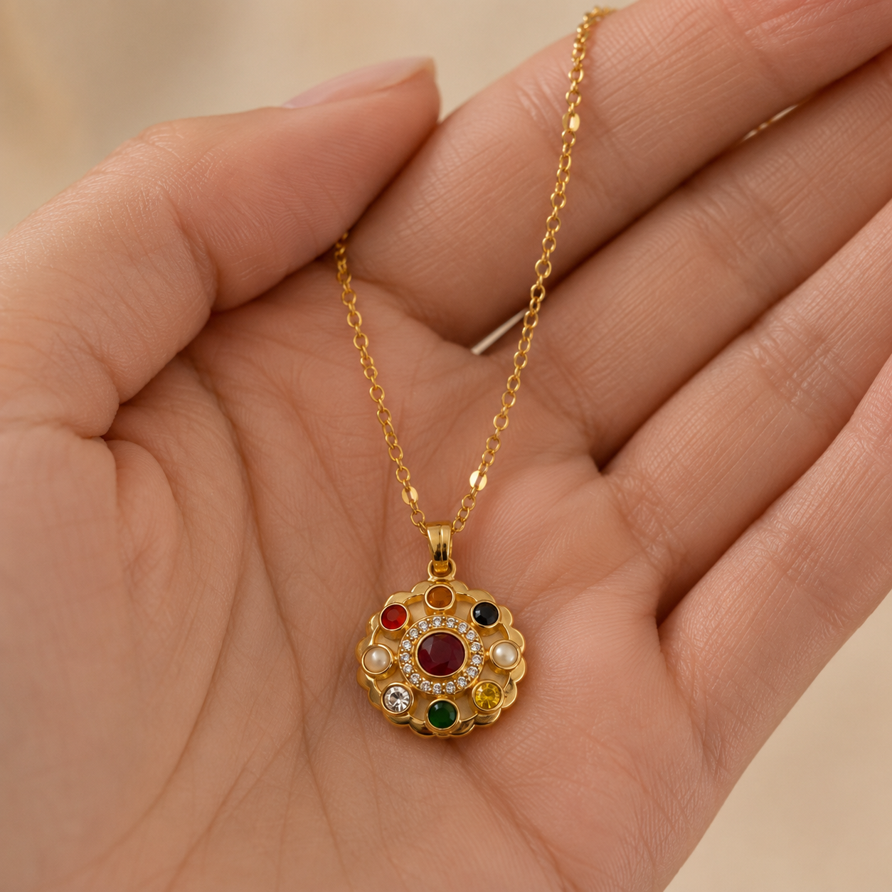 Chandra Mandala Navratna Pendant Necklace – Celestial Circle Pendant