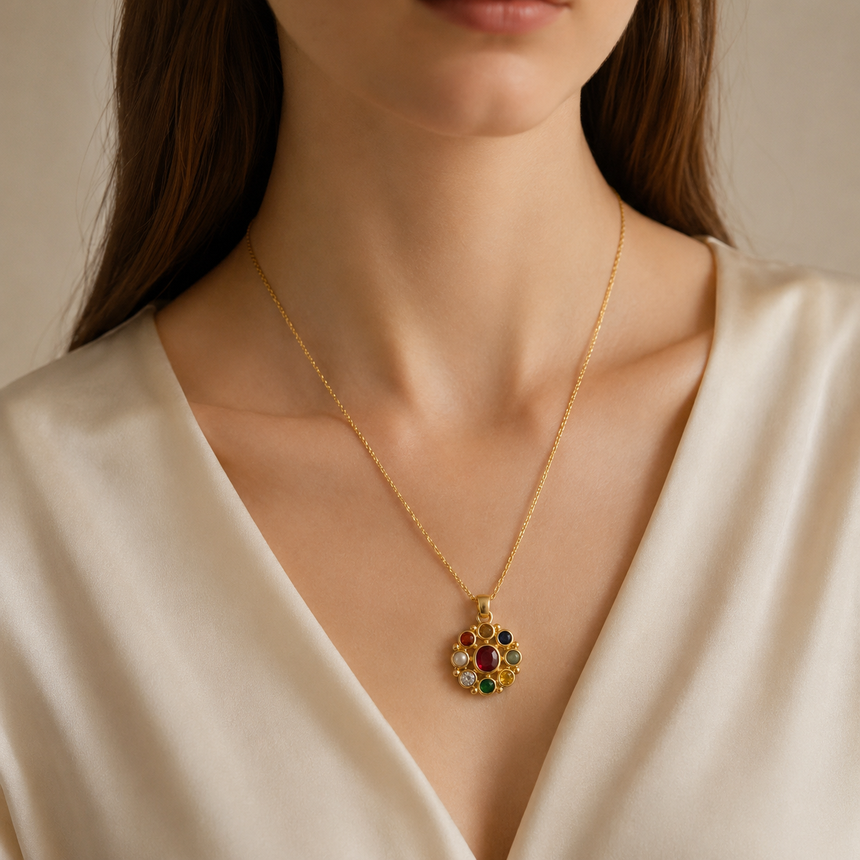 Manik Chakra Navratna Pendant Necklace – Sacred Gem Circle Pendant