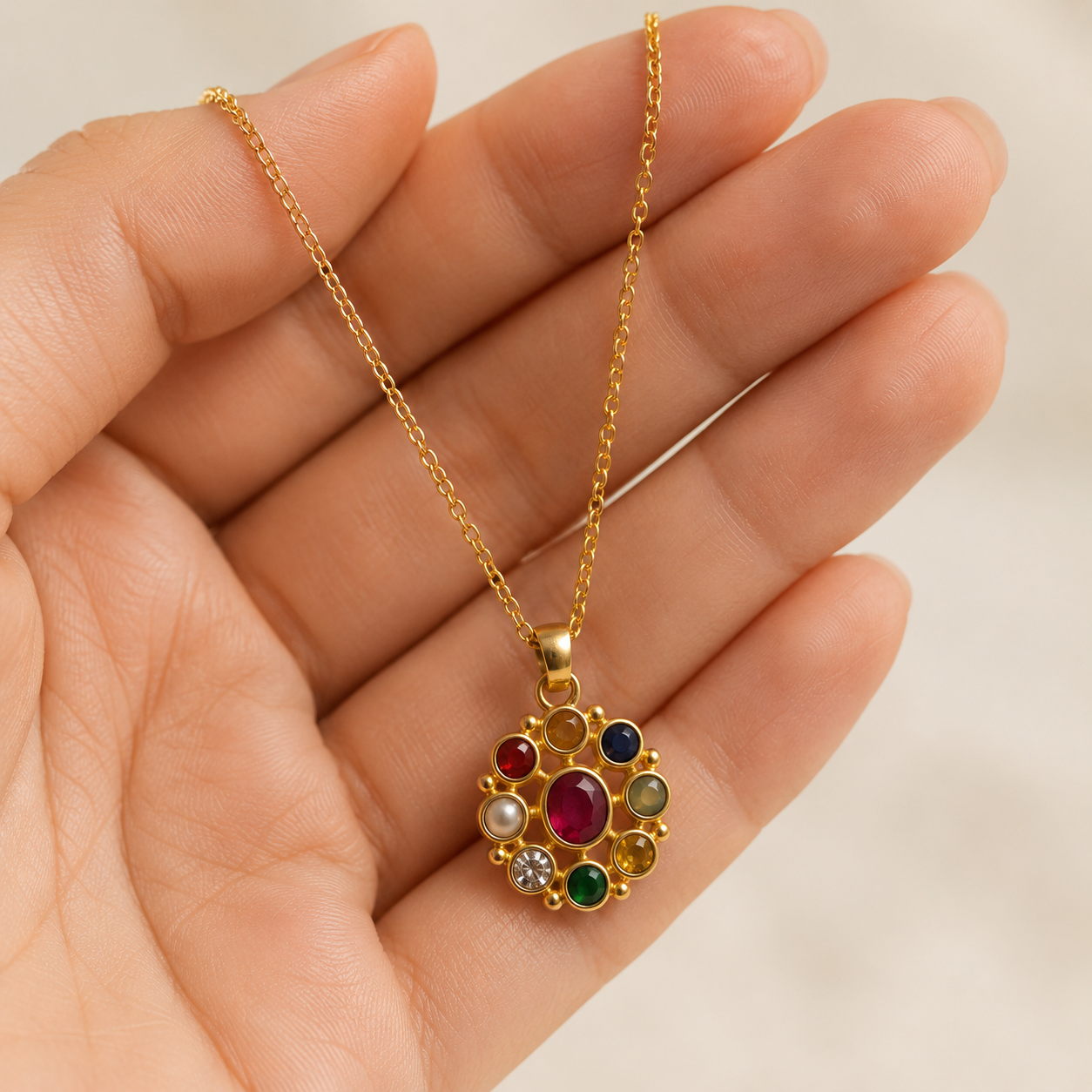 Manik Chakra Navratna Pendant Necklace – Sacred Gem Circle Pendant