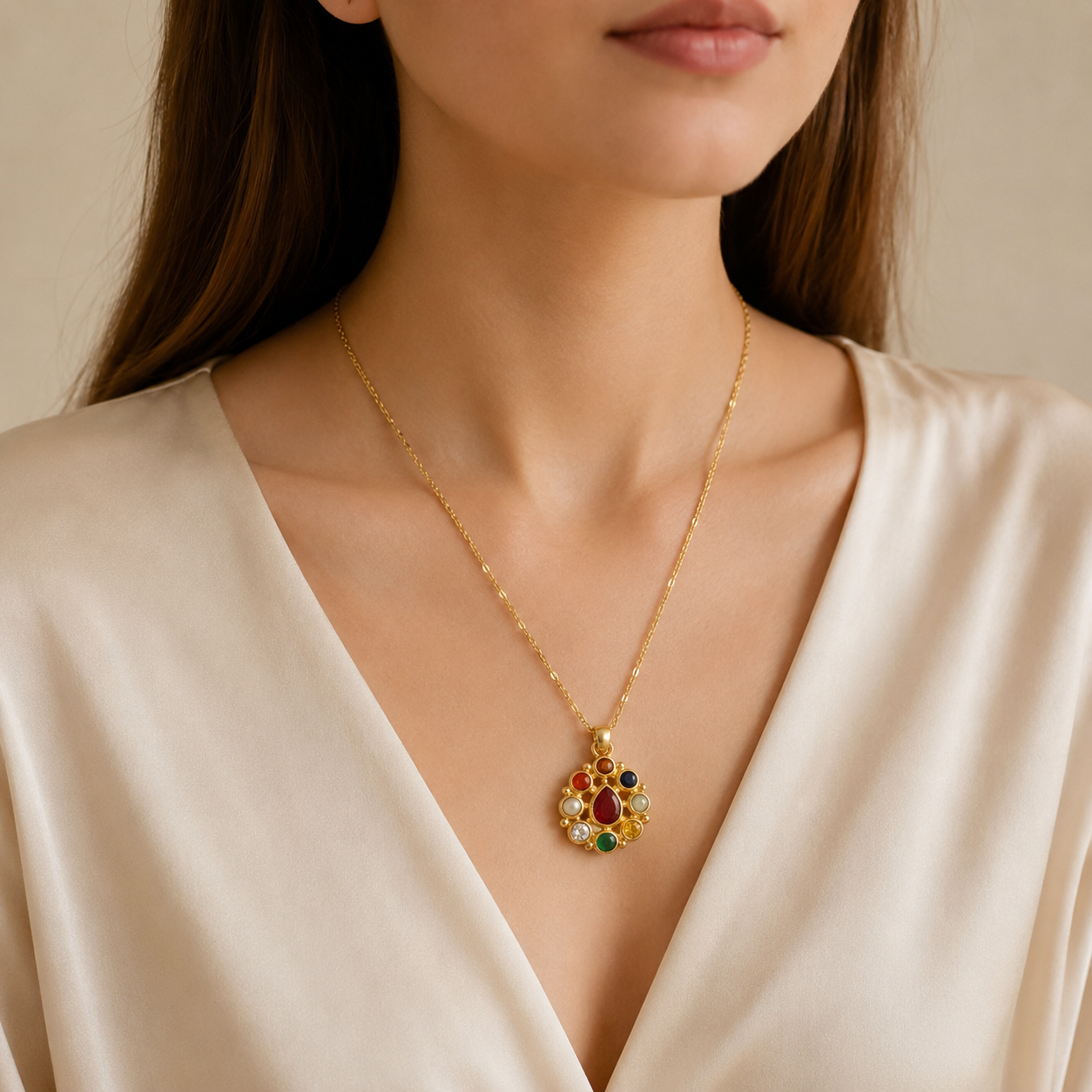 Ratna Oval Navratna Pendant Necklace – Classic Oval Pendant