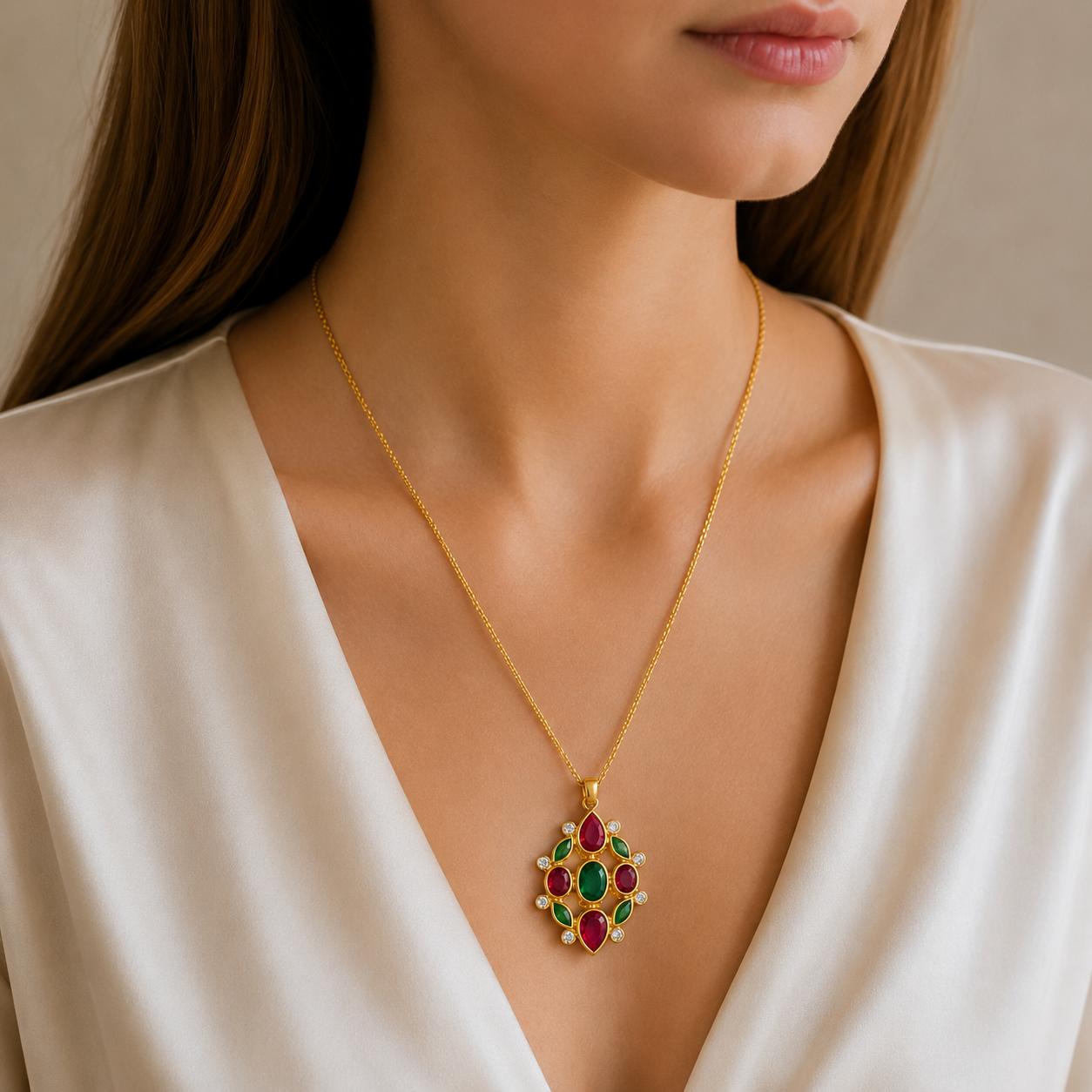 Jaal Kamal Navratna Pendant Necklace – Lotus Inspired Pendant