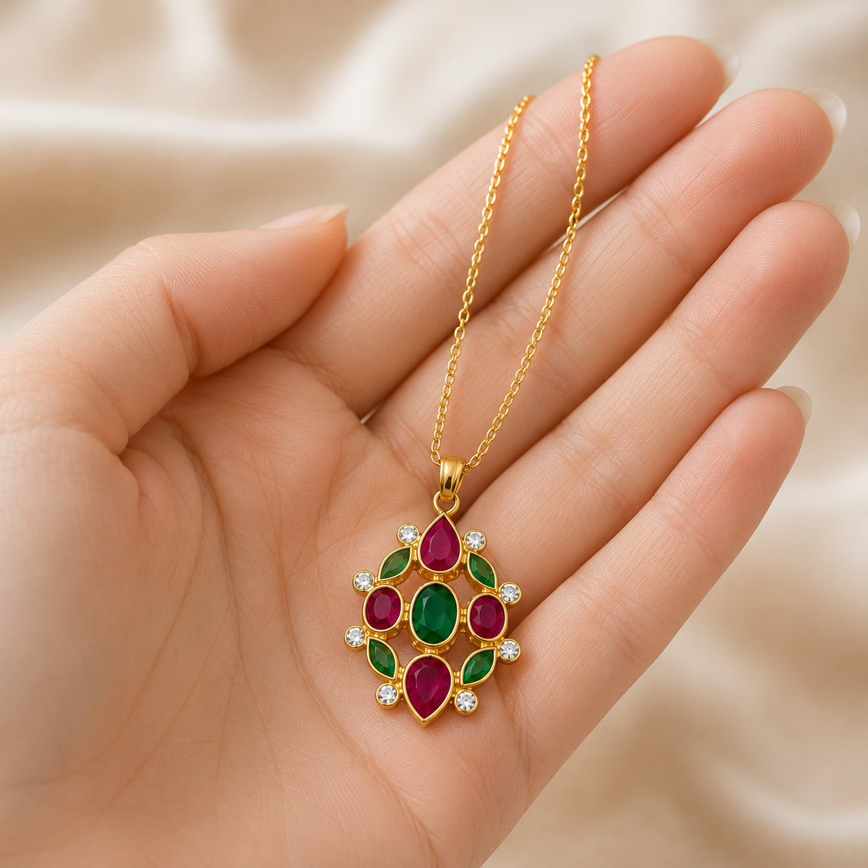 Jaal Kamal Navratna Pendant Necklace – Lotus Inspired Pendant