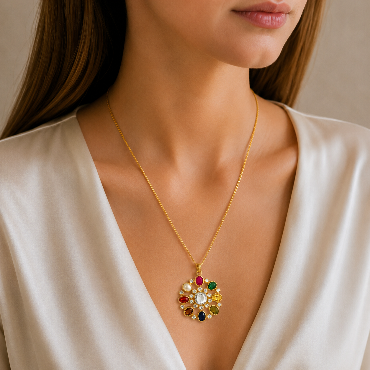 Hira Mandala Navratna Pendant Necklace – Radiant Circle Pendant