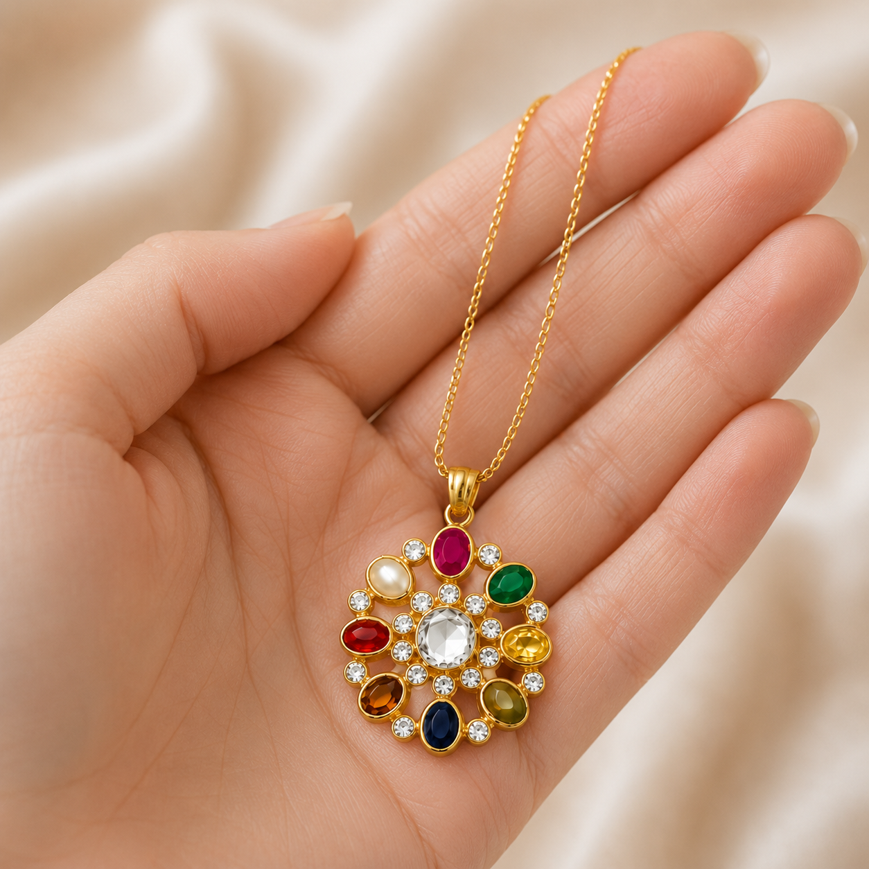 Hira Mandala Navratna Pendant Necklace – Radiant Circle Pendant
