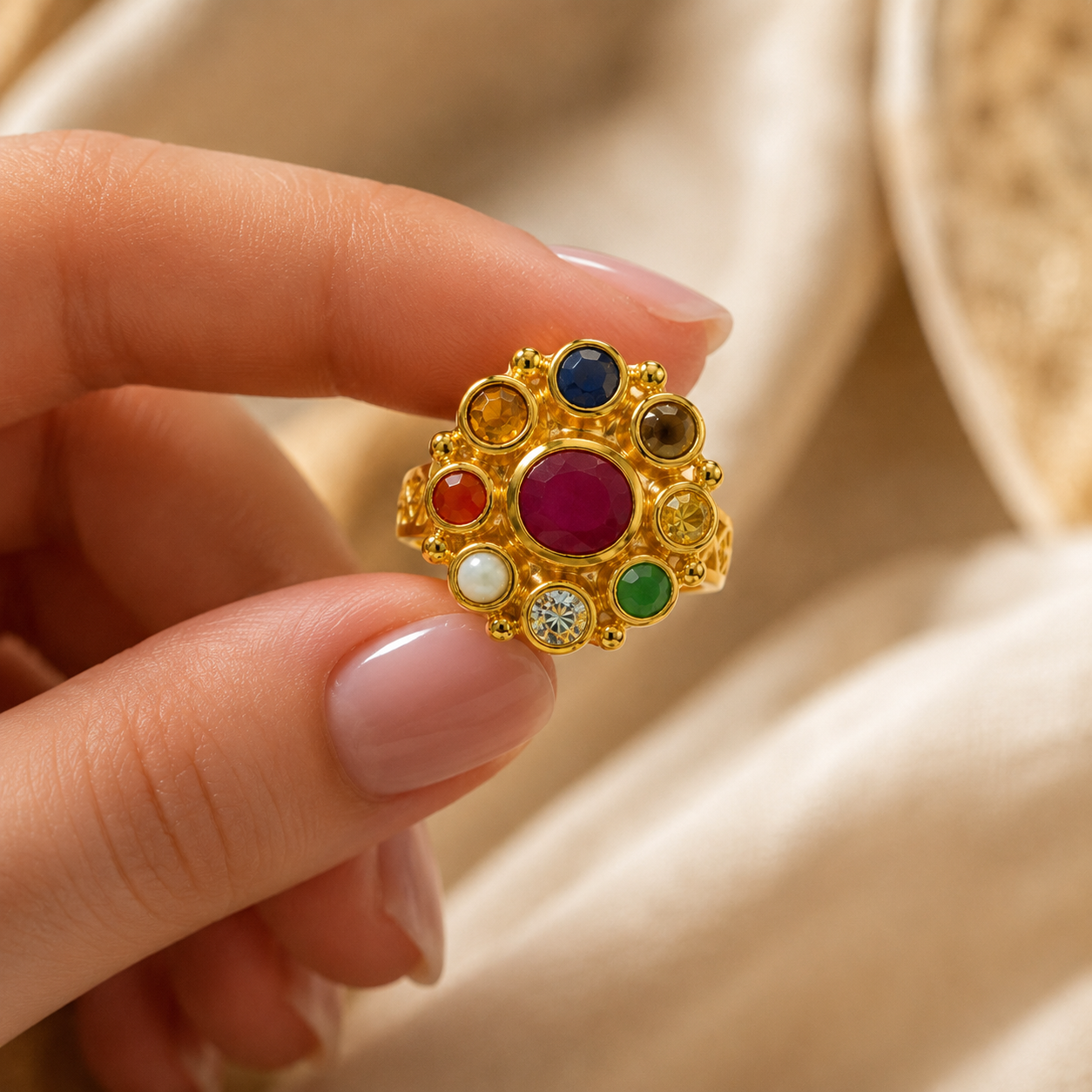 Surya Dham Navratna Ring – Radiant Gemstone Statement Ring