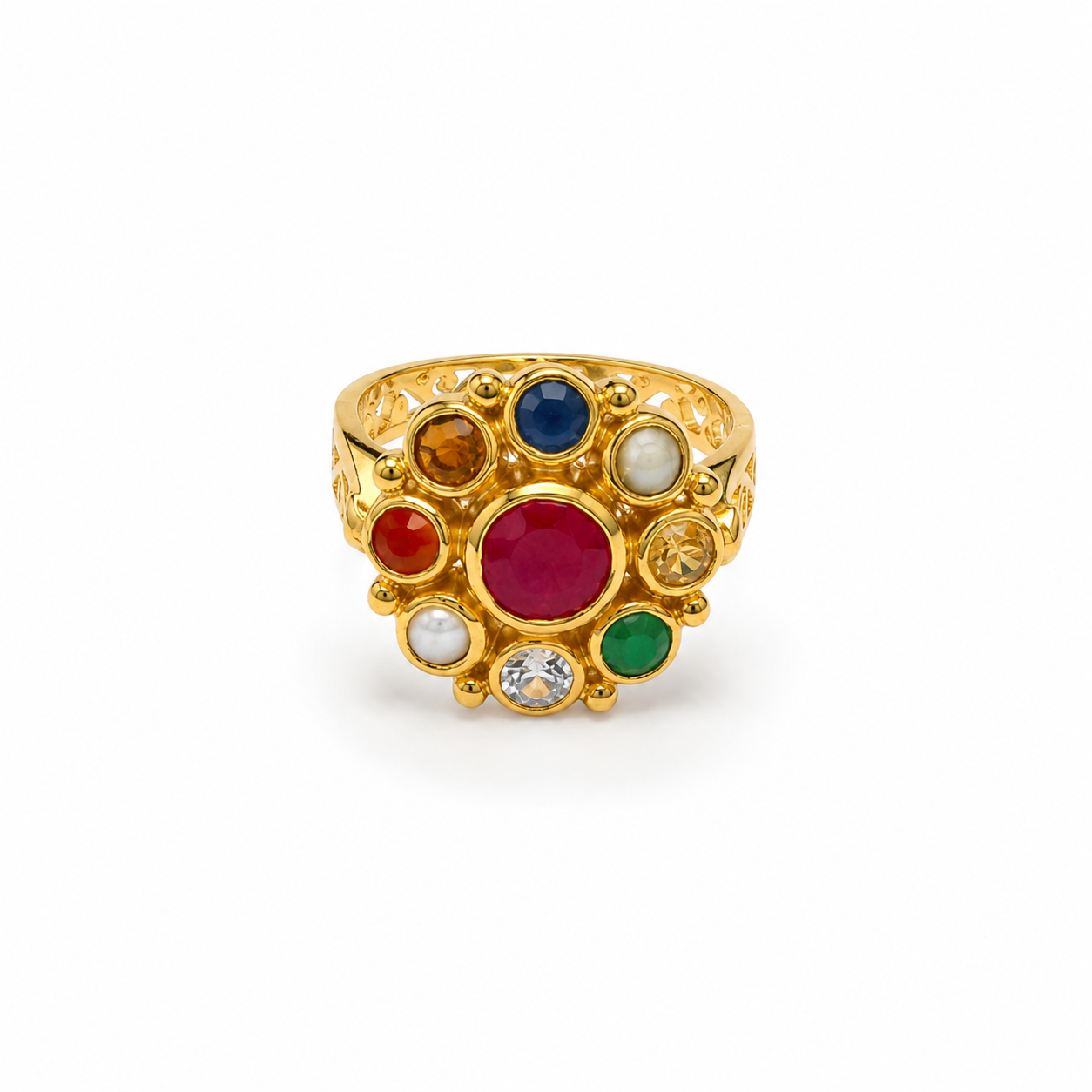 Surya Dham Navratna Ring – Radiant Gemstone Statement Ring