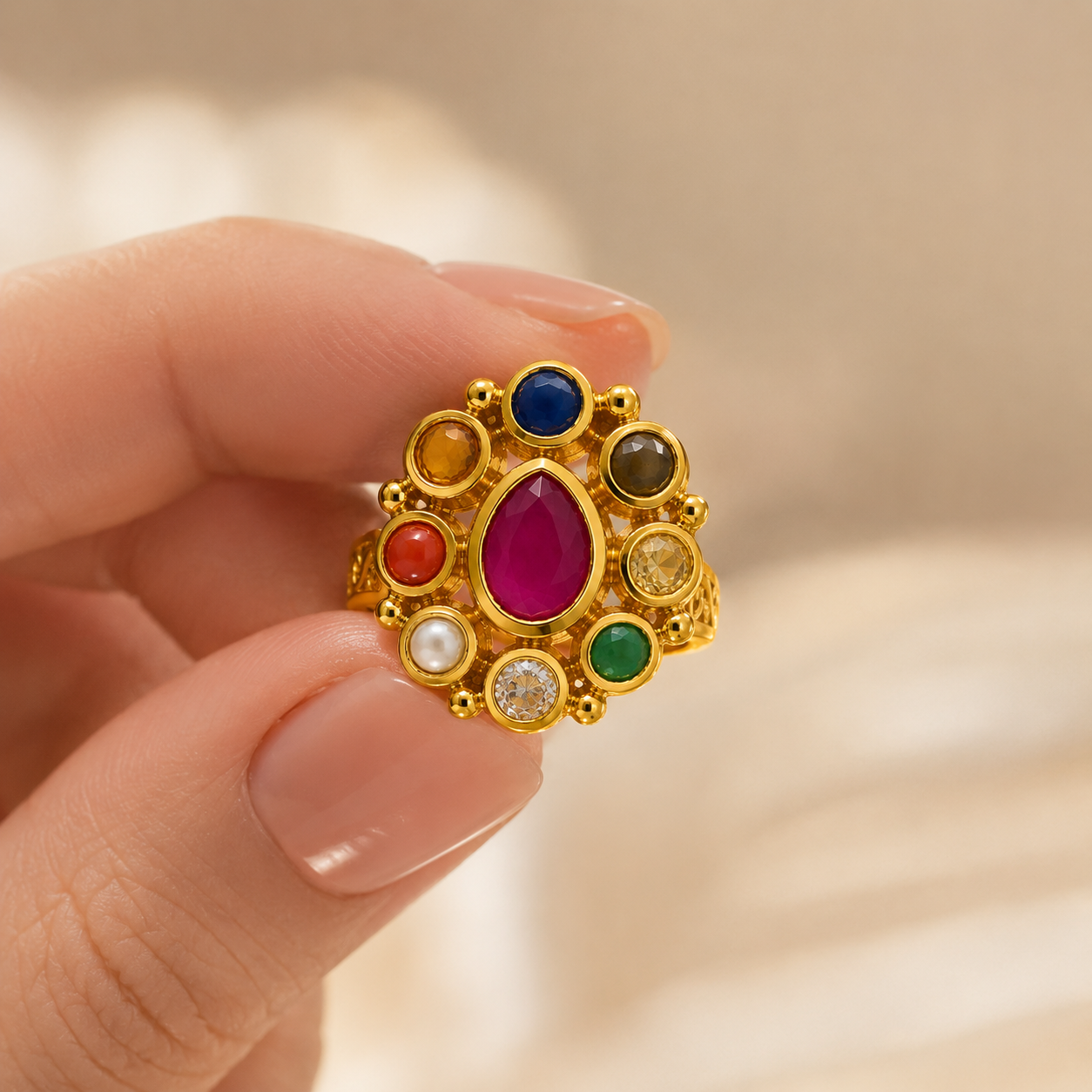 Ashru Nava Navratna Ring – Teardrop Gemstone Statement Ring