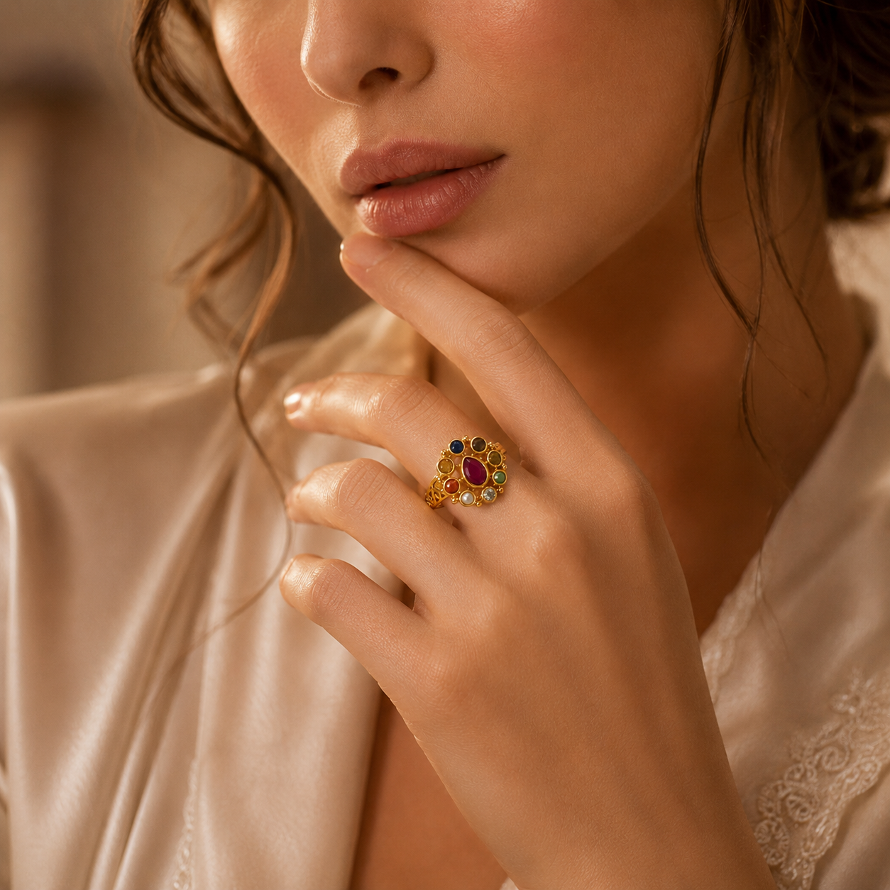 Ashru Nava Navratna Ring – Teardrop Gemstone Statement Ring