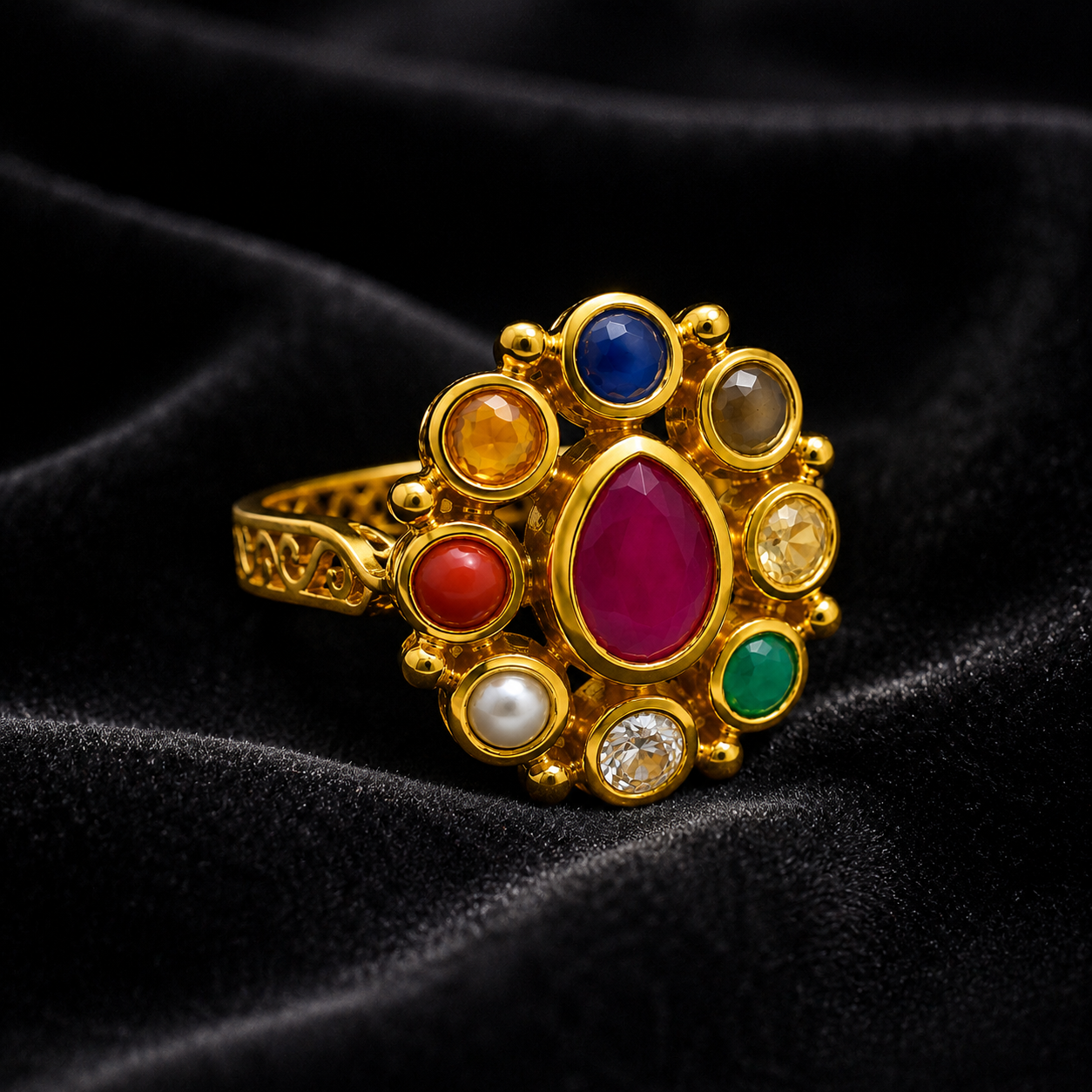 Ashru Nava Navratna Ring – Teardrop Gemstone Statement Ring