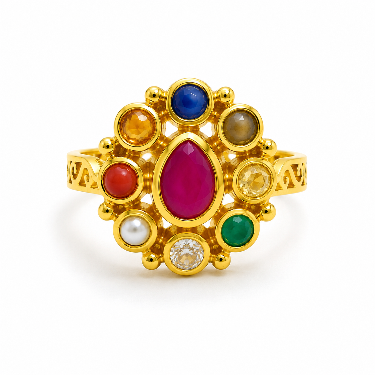 Ashru Nava Navratna Ring – Teardrop Gemstone Statement Ring
