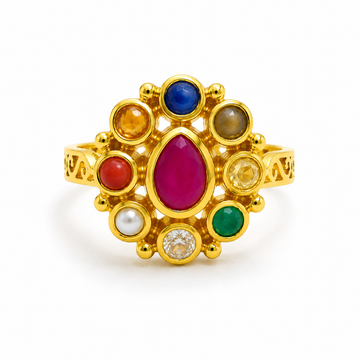Ashru Nava Navratna Ring – Teardrop Gemstone Statement Ring