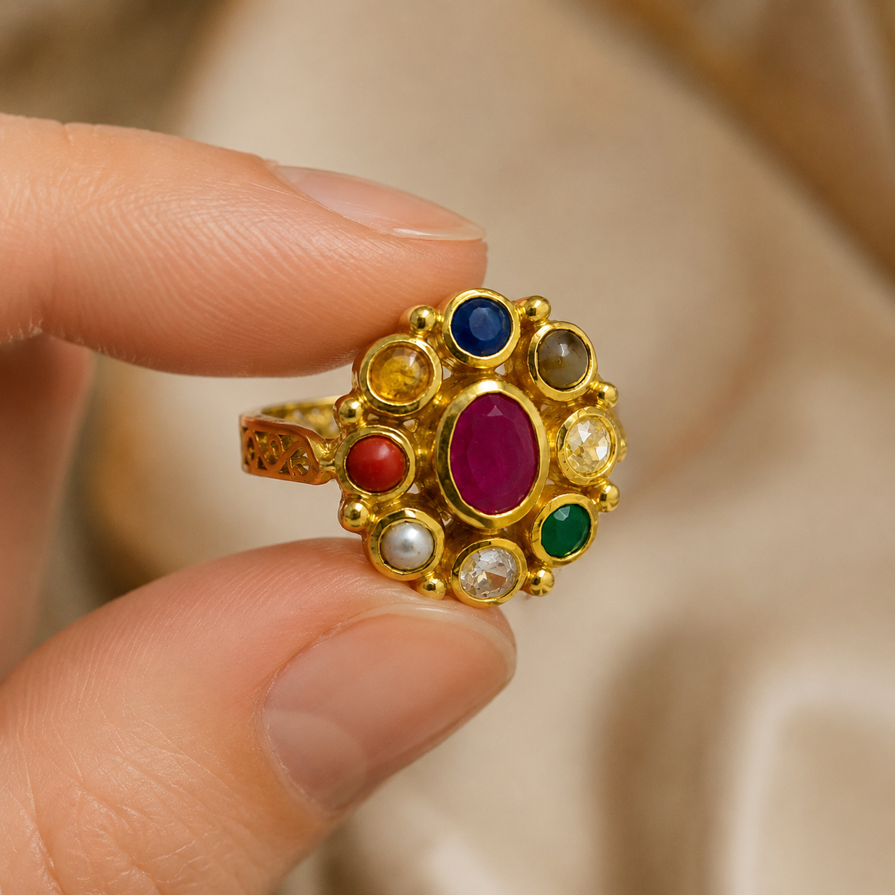 Nava Ratna Ring – Classic Navratna Gemstone Statement Ring