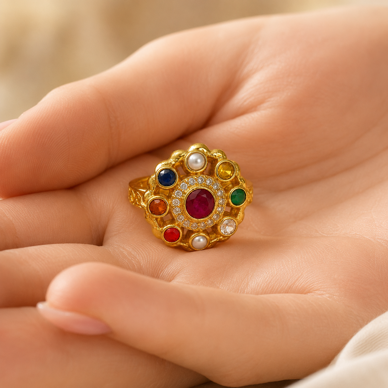 A gold plated ring with a colorful floral design, featuring a central red gemstone, surrounded by red, orange, green, yellow, and white gemstones, resting on a person's hand.