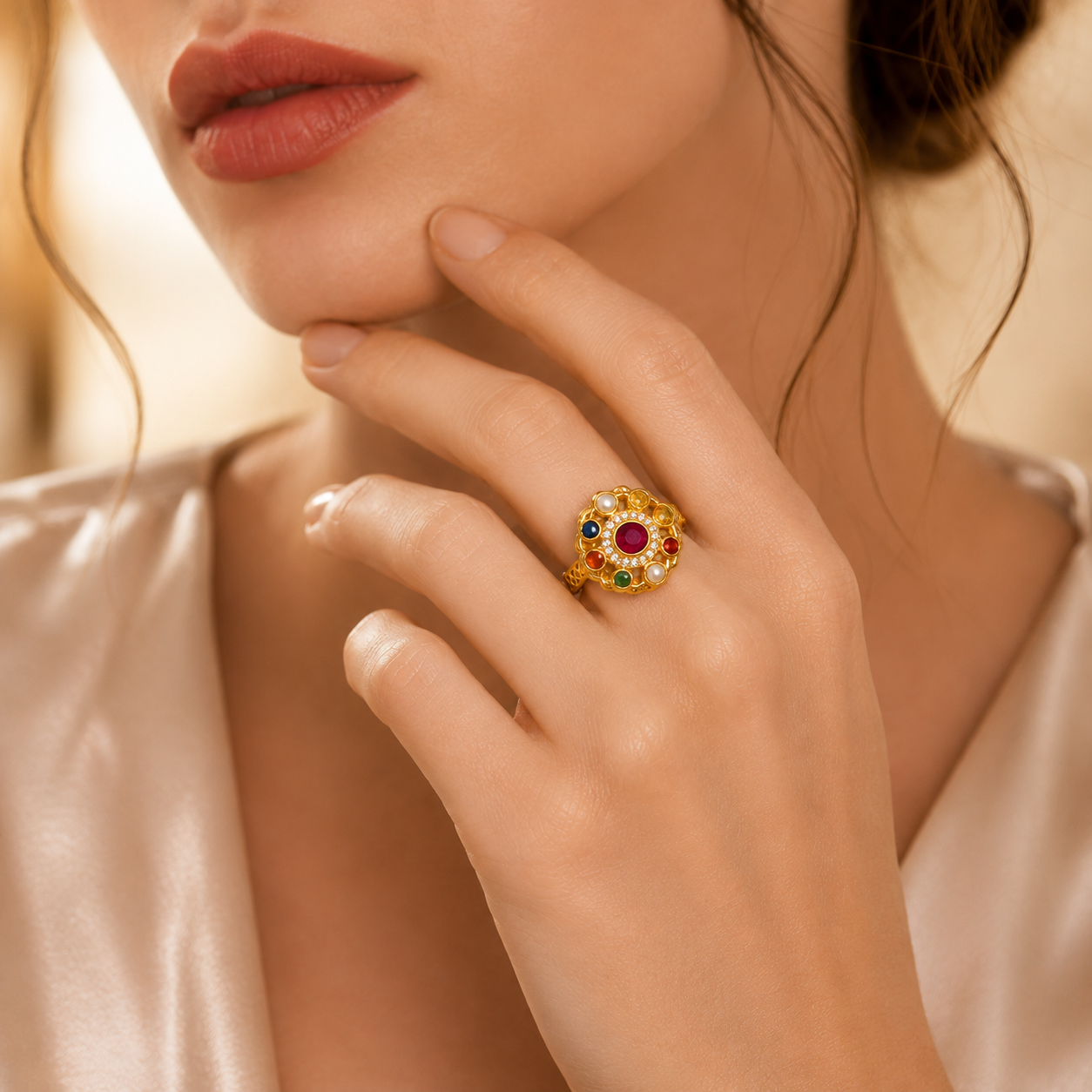 A close-up lifestyle shot of a model wearing a gold ring with a central red gemstone and surrounding multicolored stones, set against a warm, softly blurred background.