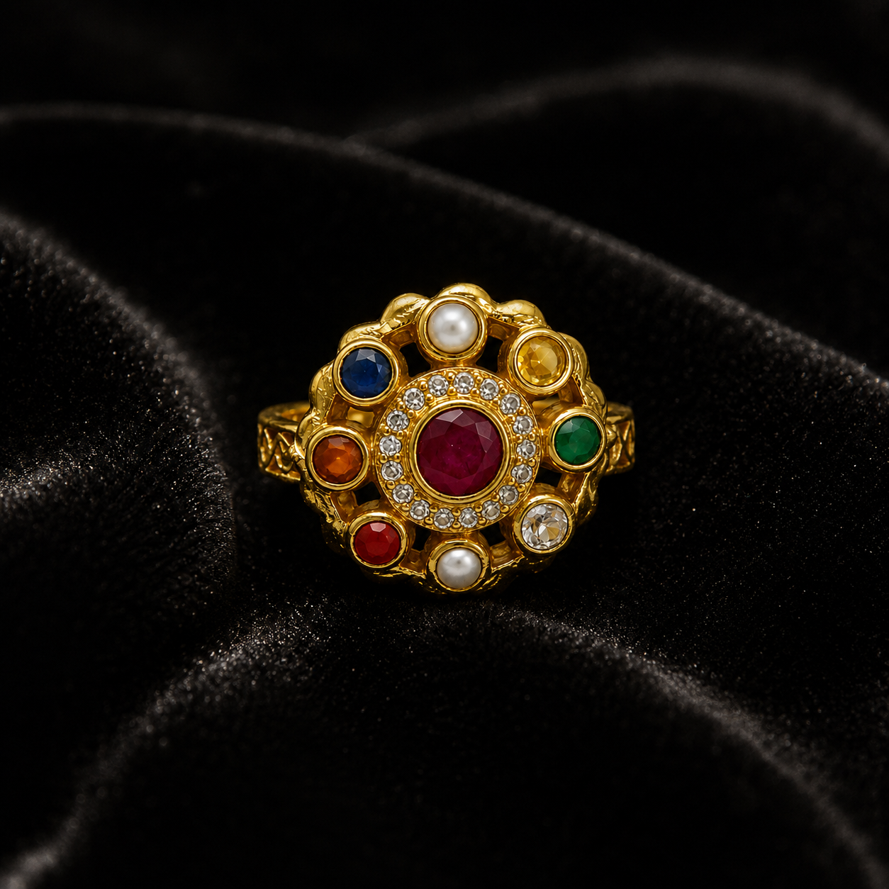 A gold plated ring with a multi-colored floral design, featuring a central red gemstone, surrounded by white, blue, yellow, orange, and green gemstones, displayed on a black velvet background.