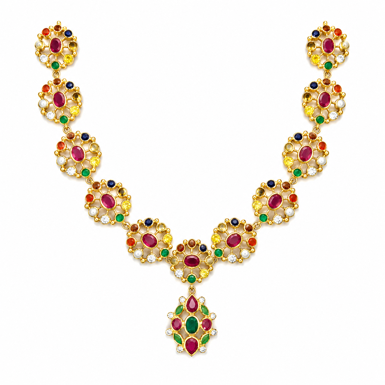 Open Lattice Navratna Necklace – Grace in Every Detail