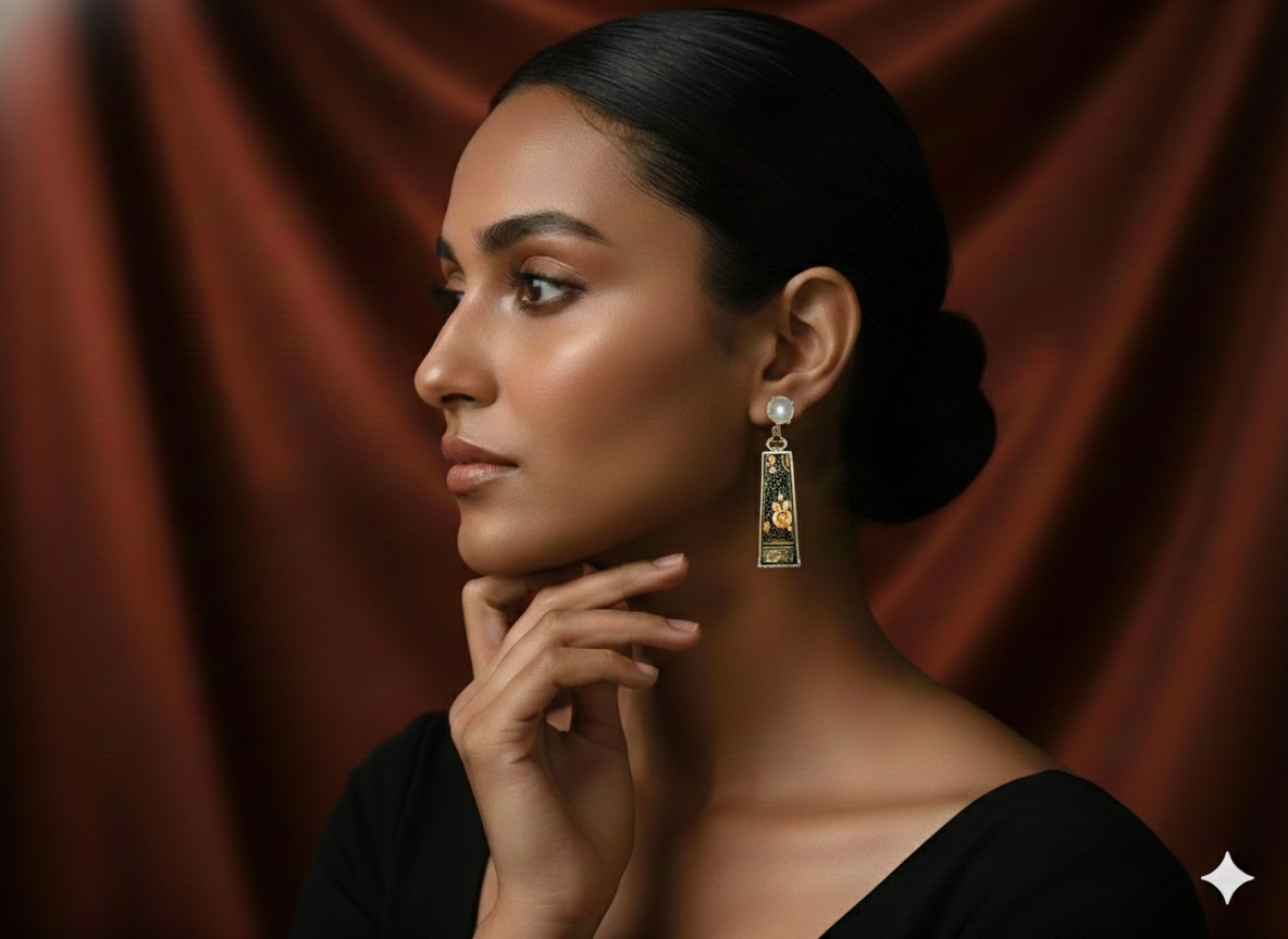 Floral Enamel Drop Earrings with Pearl Stud – Elegant Long Design
