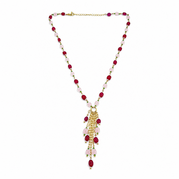 Rose Quartz & Glass Fill Ruby Tassel Drop Necklace