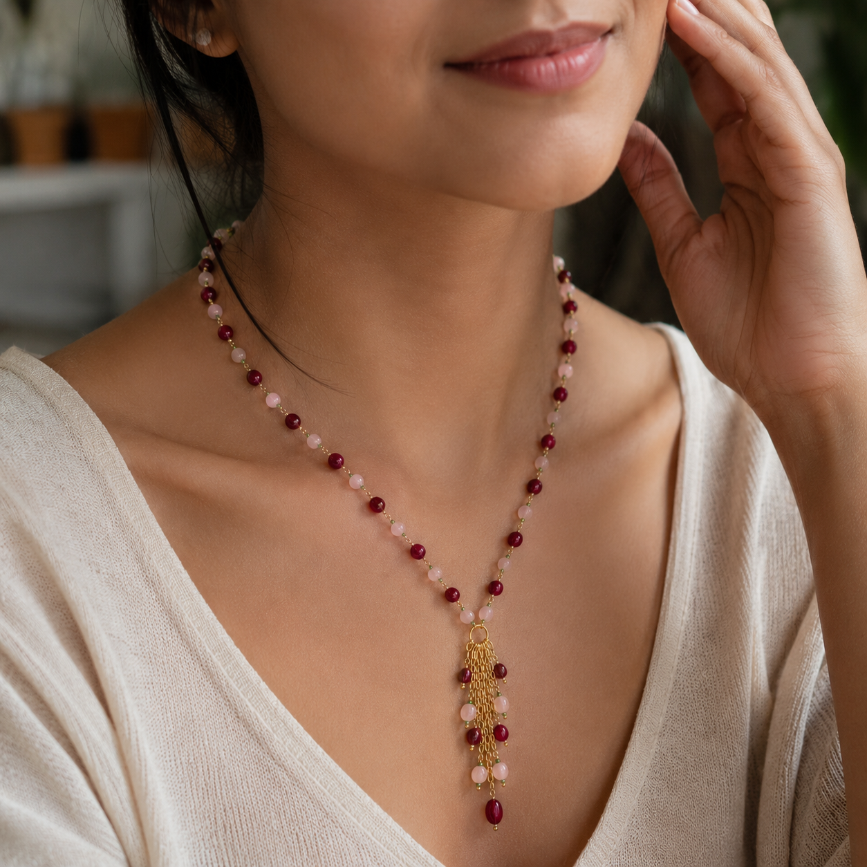 Rose Quartz & Glass Fill Ruby Tassel Drop Necklace